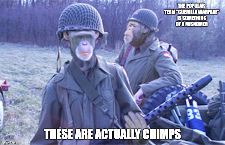 Armed Monkeys | THE POPULAR TERM "GUERILLA WARFARE" IS SOMETHING OF A MISNOMER; THESE ARE ACTUALLY CHIMPS | image tagged in monkeys,memes | made w/ Imgflip meme maker