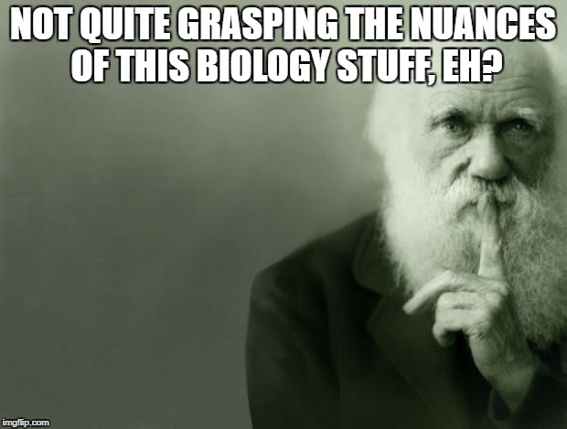 Darwin | NOT QUITE GRASPING THE NUANCES OF THIS BIOLOGY STUFF, EH? | image tagged in darwin | made w/ Imgflip meme maker