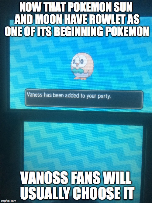 Rowlet | NOW THAT POKEMON SUN AND MOON HAVE ROWLET AS ONE OF ITS BEGINNING POKEMON; VANOSS FANS WILL USUALLY CHOOSE IT | image tagged in rowlet,pokemon sun and moon,memes | made w/ Imgflip meme maker