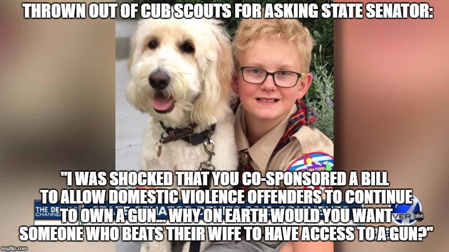 "Thrown Out Of Cub Scouts For Asking State Senator About Unregulated Gun Access For Wife Beaters" | THROWN OUT OF CUB SCOUTS FOR ASKING STATE SENATOR:; "I WAS SHOCKED THAT YOU CO-SPONSORED A BILL TO ALLOW DOMESTIC VIOLENCE OFFENDERS TO CONTINUE TO OWN A GUN... WHY ON EARTH WOULD YOU WANT SOMEONE WHO BEATS THEIR WIFE TO HAVE ACCESS TO A GUN?" | image tagged in cub scout,vicki marvel,state senator,gun control,gun access for wife beaters | made w/ Imgflip meme maker