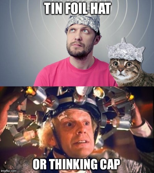 Foil or... | image tagged in tin foil hat,thinking cap,back to the future,conspiracy theory,realist | made w/ Imgflip meme maker