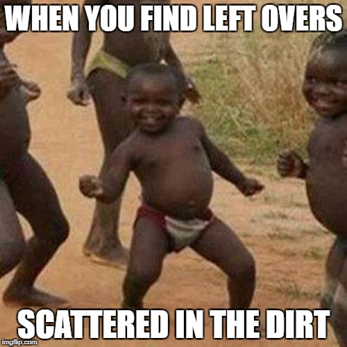 Third World Success Kid Meme | WHEN YOU FIND LEFT OVERS; SCATTERED IN THE DIRT | image tagged in memes,third world success kid | made w/ Imgflip meme maker