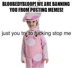 You can't stop me | BLOOBEDYBLOOP! WE ARE BANNING YOU FROM POSTING MEMES! | image tagged in memes,stop it | made w/ Imgflip meme maker