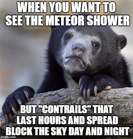 Confession Bear Meme | WHEN YOU WANT TO SEE THE METEOR SHOWER; BUT "CONTRAILS" THAT LAST HOURS AND SPREAD BLOCK THE SKY DAY AND NIGHT | image tagged in memes,confession bear | made w/ Imgflip meme maker