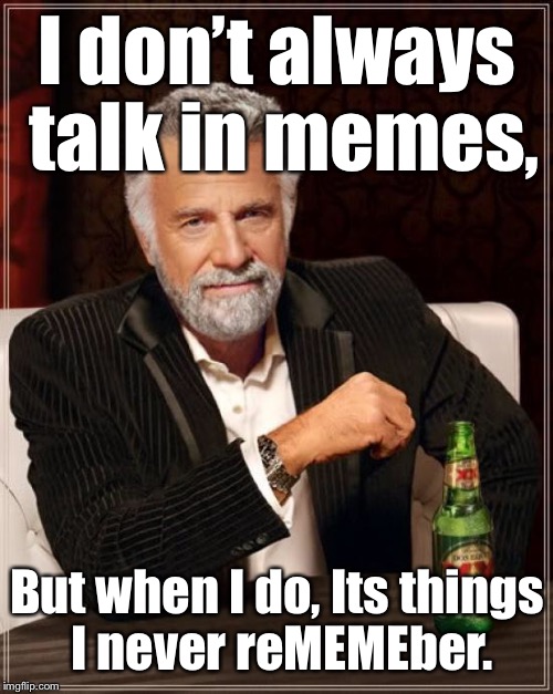 The Most Interesting Man In The World Meme | I don’t always talk in memes, But when I do, Its things I never reMEMEber. | image tagged in memes,the most interesting man in the world | made w/ Imgflip meme maker