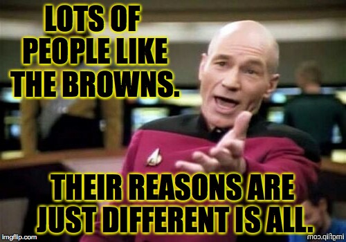 LOTS OF PEOPLE LIKE THE BROWNS. THEIR REASONS ARE JUST DIFFERENT IS ALL. | made w/ Imgflip meme maker