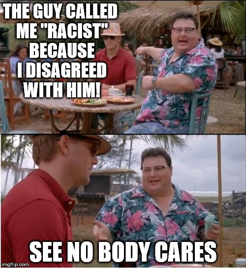 When all else fails call your opponents racist | THE GUY CALLED ME "RACIST" BECAUSE I DISAGREED WITH HIM! SEE NO BODY CARES | image tagged in memes,see nobody cares,racist,liberals,silly | made w/ Imgflip meme maker