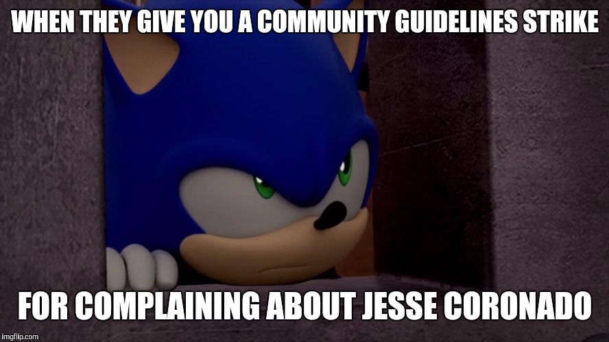 Sonic is Not Impressed - Sonic Boom | WHEN THEY GIVE YOU A COMMUNITY GUIDELINES STRIKE; FOR COMPLAINING ABOUT JESSE CORONADO | image tagged in sonic is not impressed - sonic boom | made w/ Imgflip meme maker