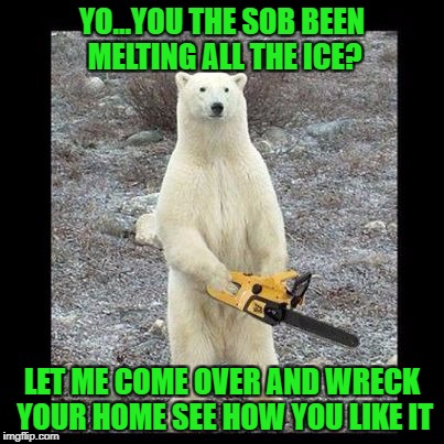 Pissed off polar bear | YO...YOU THE SOB BEEN MELTING ALL THE ICE? LET ME COME OVER AND WRECK YOUR HOME SEE HOW YOU LIKE IT | image tagged in memes,chainsaw bear | made w/ Imgflip meme maker