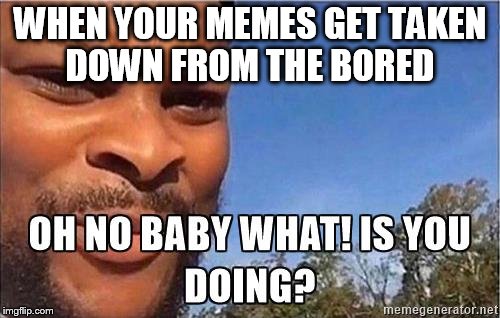 Oh No baby what is you doing | WHEN YOUR MEMES GET TAKEN DOWN FROM THE BORED | image tagged in oh no baby what is you doing | made w/ Imgflip meme maker