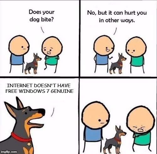 does your dog bite | INTERNET DOESN'T HAVE FREE WINDOWS 7 GENUINE | image tagged in does your dog bite | made w/ Imgflip meme maker