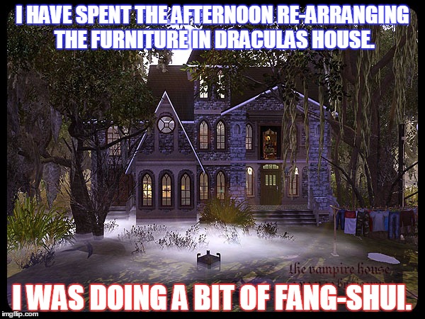 Dracula | I HAVE SPENT THE AFTERNOON RE-ARRANGING THE FURNITURE IN DRACULAS HOUSE. I WAS DOING A BIT OF FANG-SHUI. | image tagged in vampires house | made w/ Imgflip meme maker