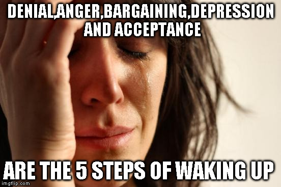 First World Problems | DENIAL,ANGER,BARGAINING,DEPRESSION AND ACCEPTANCE; ARE THE 5 STEPS OF WAKING UP | image tagged in memes,first world problems | made w/ Imgflip meme maker