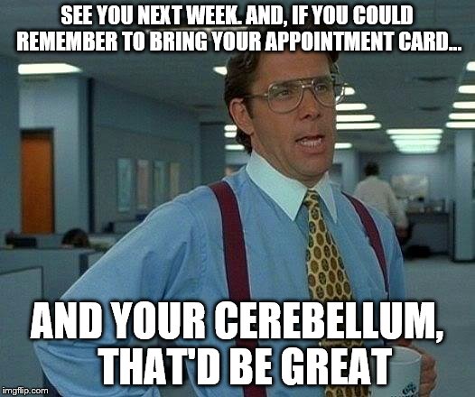 That Would Be Great Meme | SEE YOU NEXT WEEK. AND, IF YOU COULD REMEMBER TO BRING YOUR APPOINTMENT CARD... AND YOUR CEREBELLUM, 
THAT'D BE GREAT | image tagged in memes,that would be great | made w/ Imgflip meme maker