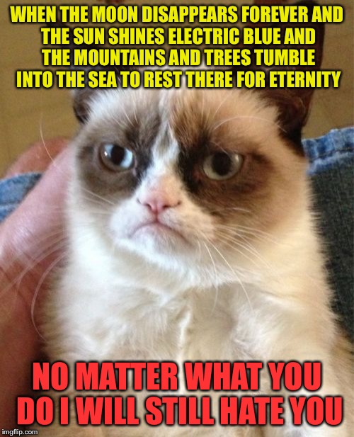 Grumpy Cat | WHEN THE MOON DISAPPEARS FOREVER
AND THE SUN SHINES ELECTRIC BLUE
AND THE MOUNTAINS AND TREES TUMBLE INTO THE SEA
TO REST THERE FOR ETERNITY; NO MATTER WHAT YOU DO
I WILL STILL HATE YOU | image tagged in memes,grumpy cat | made w/ Imgflip meme maker