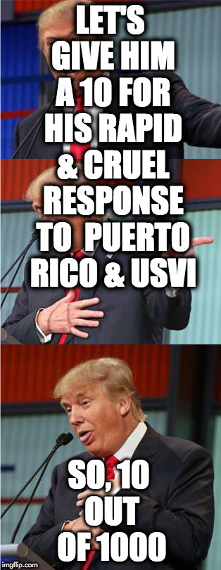 Bad Pun Trump | LET'S GIVE HIM A 10 FOR HIS RAPID & CRUEL RESPONSE TO  PUERTO RICO & USVI; SO, 10 OUT OF 1000 | image tagged in bad pun trump | made w/ Imgflip meme maker