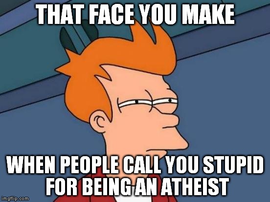Futurama Fry Meme | THAT FACE YOU MAKE; WHEN PEOPLE CALL YOU STUPID FOR BEING AN ATHEIST | image tagged in memes,futurama fry,atheist,atheism | made w/ Imgflip meme maker