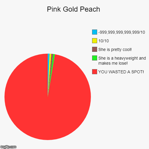 Pink Gold Peach | YOU WASTED A SPOT!, She is a heavyweight and makes me lose!, She is pretty cool!, 10/10, -999,999,999,999,999/10 | image tagged in funny,pie charts | made w/ Imgflip chart maker