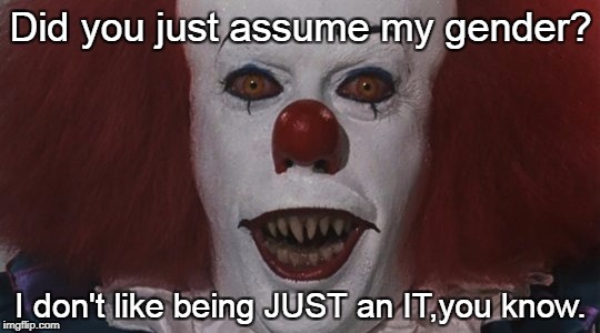Did you just assume my gender? I don't like being JUST an IT,you know. | image tagged in it | made w/ Imgflip meme maker