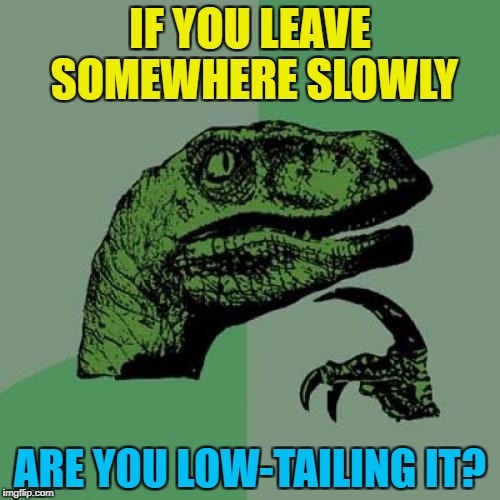 "They were seen low-tailing it from the area..." | IF YOU LEAVE SOMEWHERE SLOWLY; ARE YOU LOW-TAILING IT? | image tagged in memes,philosoraptor,high-tailing it,low-tailing it | made w/ Imgflip meme maker