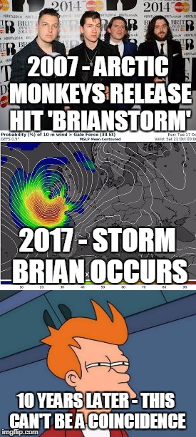 World's Greatest Name | 2007 - ARCTIC MONKEYS RELEASE HIT 'BRIANSTORM'; 2017 - STORM BRIAN OCCURS; 10 YEARS LATER - THIS CAN'T BE A COINCIDENCE | image tagged in futurama fry,music,music joke,storm brian,funny,conspiracy theory | made w/ Imgflip meme maker