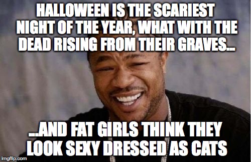 I'm freaking out, bro |  HALLOWEEN IS THE SCARIEST NIGHT OF THE YEAR, WHAT WITH THE DEAD RISING FROM THEIR GRAVES... ...AND FAT GIRLS THINK THEY LOOK SEXY DRESSED AS CATS | image tagged in memes,yo dawg heard you,halloween | made w/ Imgflip meme maker