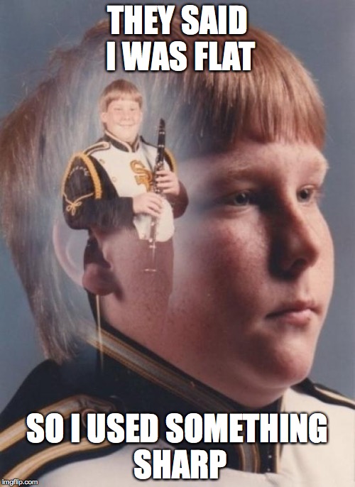 PTSD clarinet boy | THEY SAID I WAS FLAT; SO I USED SOMETHING SHARP | image tagged in memes,ptsd clarinet boy,boy,band | made w/ Imgflip meme maker