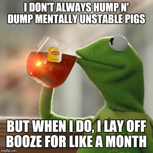 But That's None Of My Business | I DON'T ALWAYS HUMP N' DUMP MENTALLY UNSTABLE PIGS; BUT WHEN I DO, I LAY OFF BOOZE FOR LIKE A MONTH | image tagged in memes,but thats none of my business,kermit the frog | made w/ Imgflip meme maker