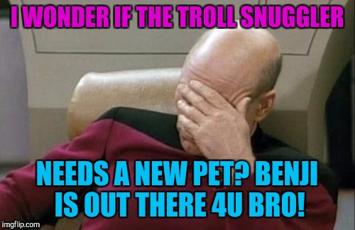 SURELY THERE IS ROOM IN HIS HEART FOR A CHARMER LIKE BENJI. SUBJECTMATTERS WON'T BE JEALOUS! :D | I WONDER IF THE TROLL SNUGGLER; NEEDS A NEW PET? BENJI IS OUT THERE 4U BRO! | image tagged in memes,captain picard facepalm,funny,trolls,andrewfinlayson,does af wish 123guy was free to comment | made w/ Imgflip meme maker