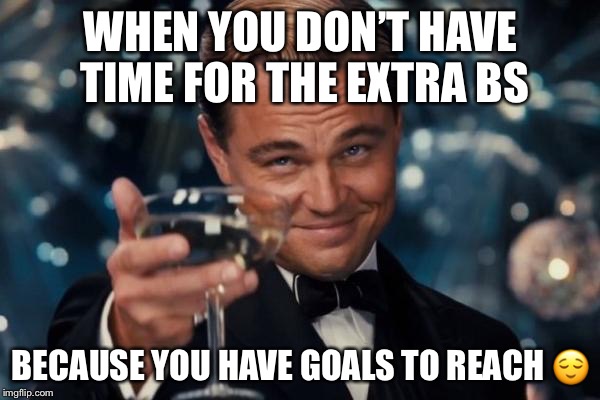 Leonardo Dicaprio Cheers | WHEN YOU DON’T HAVE TIME FOR THE EXTRA BS; BECAUSE YOU HAVE GOALS TO REACH 😌 | image tagged in memes,leonardo dicaprio cheers | made w/ Imgflip meme maker