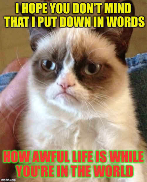 A few of the verses got me quite cross | I HOPE YOU DON'T MIND THAT I PUT DOWN IN WORDS; HOW AWFUL LIFE IS WHILE YOU'RE IN THE WORLD | image tagged in memes,grumpy cat | made w/ Imgflip meme maker