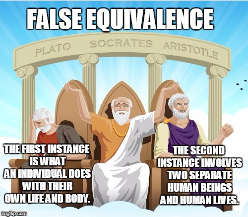 Logicians using logic | THE FIRST INSTANCE IS WHAT AN INDIVIDUAL DOES WITH THEIR OWN LIFE AND BODY. FALSE EQUIVALENCE THE SECOND INSTANCE INVOLVES TWO SEPARATE HUMA | image tagged in logicians using logic | made w/ Imgflip meme maker