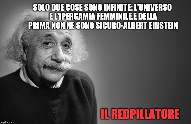 albert einstein quotes | SOLO DUE COSE SONO INFINITE: L'UNIVERSO E L'IPERGAMIA FEMMINILE,E DELLA PRIMA NON NE SONO SICURO-ALBERT EINSTEIN; IL REDPILLATORE | image tagged in albert einstein quotes | made w/ Imgflip meme maker