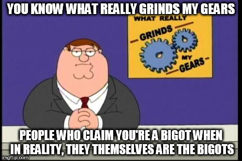 You know what really grinds my gears? | YOU KNOW WHAT REALLY GRINDS MY GEARS; PEOPLE WHO CLAIM YOU'RE A BIGOT WHEN IN REALITY, THEY THEMSELVES ARE THE BIGOTS | image tagged in you know what really grinds my gears,bigot,bigots,bigotry | made w/ Imgflip meme maker