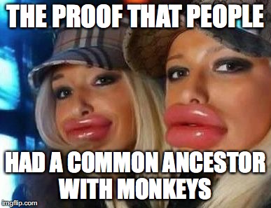 Duck Face Chicks | THE PROOF THAT PEOPLE; HAD A COMMON ANCESTOR WITH MONKEYS | image tagged in memes,duck face chicks | made w/ Imgflip meme maker