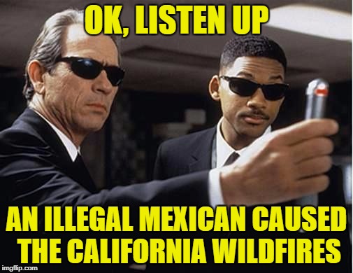 Men in black | OK, LISTEN UP; AN ILLEGAL MEXICAN CAUSED THE CALIFORNIA WILDFIRES | image tagged in men in black | made w/ Imgflip meme maker
