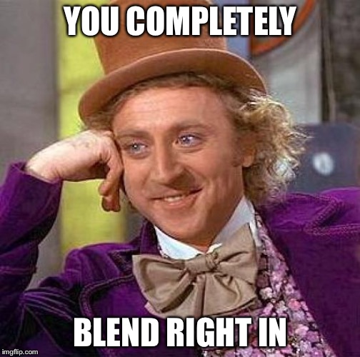 Creepy Condescending Wonka Meme | YOU COMPLETELY BLEND RIGHT IN | image tagged in memes,creepy condescending wonka | made w/ Imgflip meme maker