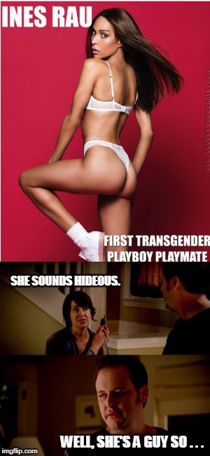 Huge Hefner was never this "progressive"  | SHE SOUNDS HIDEOUS. WELL, SHE'S A GUY SO . . . | image tagged in memes,jake from state farm,playboy,transgender,playmate,nsfw | made w/ Imgflip meme maker