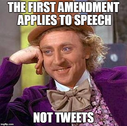Creepy Condescending Wonka Meme | THE FIRST AMENDMENT APPLIES TO SPEECH NOT TWEETS | image tagged in memes,creepy condescending wonka | made w/ Imgflip meme maker