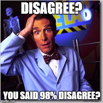 Bill Nye The Science Guy | DISAGREE? YOU SAID 98% DISAGREE? | image tagged in memes,bill nye the science guy | made w/ Imgflip meme maker