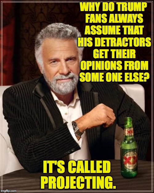 The Most Interesting Man In The World Meme | WHY DO TRUMP FANS ALWAYS ASSUME THAT HIS DETRACTORS GET THEIR OPINIONS FROM SOME ONE ELSE? IT'S CALLED PROJECTING. | image tagged in memes,the most interesting man in the world | made w/ Imgflip meme maker