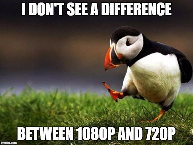 i don't. maybe it's the fact that i don't care. | I DON'T SEE A DIFFERENCE; BETWEEN 1080P AND 720P | image tagged in memes,unpopular opinion puffin,youtube,resolution | made w/ Imgflip meme maker