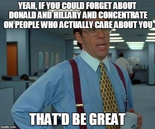 That Would Be Great Meme | YEAH, IF YOU COULD FORGET ABOUT DONALD AND HILLARY AND CONCENTRATE ON PEOPLE WHO ACTUALLY CARE ABOUT YOU; THAT'D BE GREAT | image tagged in memes,that would be great | made w/ Imgflip meme maker