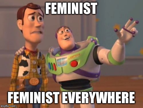 X, X Everywhere Meme | FEMINIST; FEMINIST EVERYWHERE | image tagged in memes,x x everywhere | made w/ Imgflip meme maker