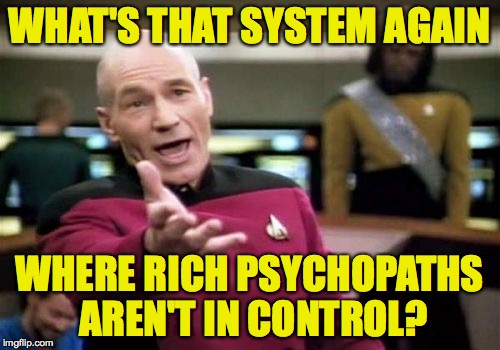 Picard Wtf Meme | WHAT'S THAT SYSTEM AGAIN WHERE RICH PSYCHOPATHS AREN'T IN CONTROL? | image tagged in memes,picard wtf | made w/ Imgflip meme maker