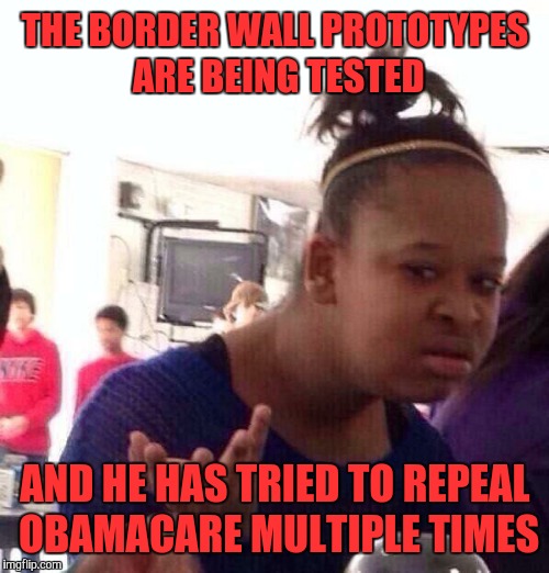 Black Girl Wat Meme | THE BORDER WALL PROTOTYPES ARE BEING TESTED AND HE HAS TRIED TO REPEAL OBAMACARE MULTIPLE TIMES | image tagged in memes,black girl wat | made w/ Imgflip meme maker