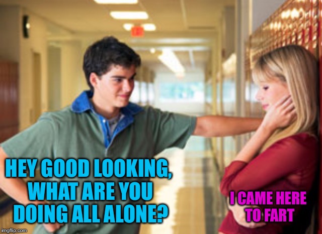 Ah young romance  | HEY GOOD LOOKING, WHAT ARE YOU DOING ALL ALONE? I CAME HERE TO FART | image tagged in boy,girl,couple,school,pickup lines,bad pickup lines | made w/ Imgflip meme maker