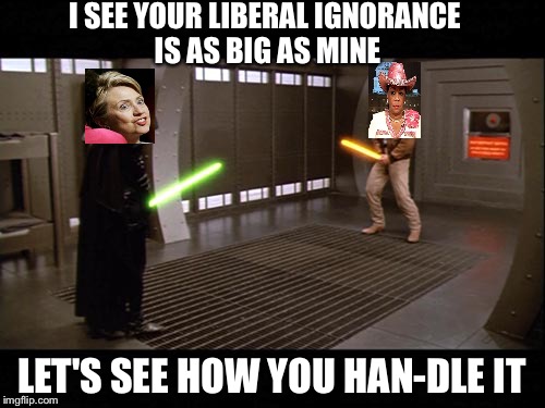Use the Schwartz | I SEE YOUR LIBERAL IGNORANCE IS AS BIG AS MINE; LET'S SEE HOW YOU HAN-DLE IT | image tagged in use the schwartz | made w/ Imgflip meme maker