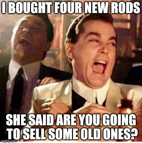 goodfellas | I BOUGHT FOUR NEW RODS; SHE SAID ARE YOU GOING TO SELL SOME OLD ONES? | image tagged in goodfellas | made w/ Imgflip meme maker