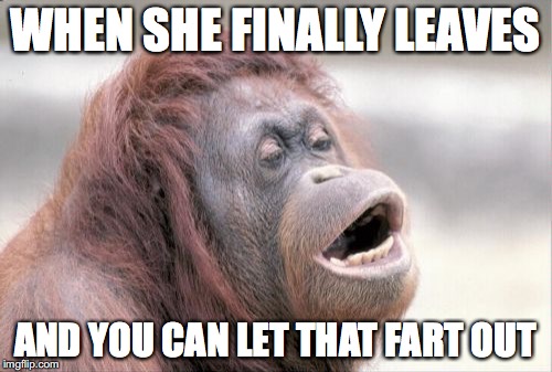 Monkey OOH | WHEN SHE FINALLY LEAVES; AND YOU CAN LET THAT FART OUT | image tagged in memes,monkey ooh | made w/ Imgflip meme maker